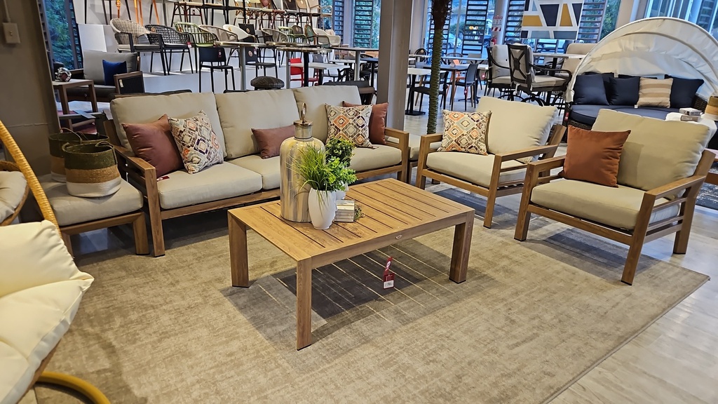 SET DIONE SOFA TRIPLE 1 SOFA DOBLE 2 SOFAS INDIVIDUALES MESA CENTRO ACABADO TEAK HAI18C060A-CLB-KD